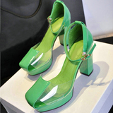 欧美夏季单根粗跟性感女凉鞋防水台包头高跟鞋真皮透明水晶鞋绿色