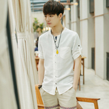 男士亚麻短袖衬衫 韩版七分袖中袖纯色修身衬衣 夏季青年棉麻上衣