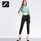 ZK花色印花长袖衬衫修身七分裤时尚套装女两件套2016夏季春装新款