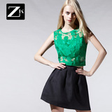 ZK2016春季女装短款印花雪纺衫绿色镂空打底衫无袖修身雪纺上衣潮