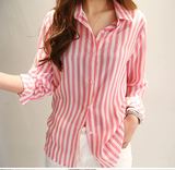 韩国韩版女装代购 N9正品夏季中长薄纯色 翻领纽扣竖条纹长袖衬衫