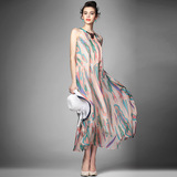欧洲站2015夏季新款吊带长裙欧美大牌专柜正品高端精品印花连衣裙
