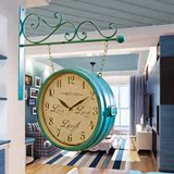 r地中海静音铁艺双面挂钟r美式田园钟表r欧式做旧客厅两面时钟表r