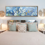 中式装饰画 卧室床头画横幅 挂画 客厅 蓝色花鸟温馨沙发墙长幅画
