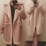 韩国代购2015冬粉色皮衣羊羔毛呢外套女中长款皮毛一体仿皮草大衣