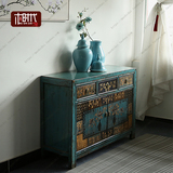 现代新中式玄关柜复古门厅柜水蓝色装饰柜时尚仿旧餐边柜极美家具