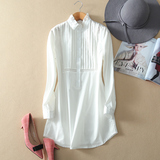 2016春装新款打底白色衬衫女修身中长款长袖休闲衬衣立领镂空上衣