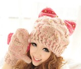 2014秋冬新款韩国学院风卡通日系猫耳朵蝴蝶结保暖羊毛毛线帽子