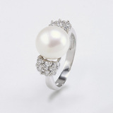 珍珠戒指空托电镀白金925纯银专镶蓝珀琥珀戒指银托配件批发