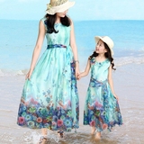 8母女亲子装连衣裙女童夏季10岁中大儿童雪纺沙滩裙12无袖长裙子