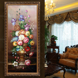 欧式油画纯手绘古典花卉油画客厅餐厅玄关竖版有框装饰画富贵花开