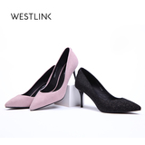 Westlink/西遇2016秋季新款 亮粉羊皮尖头酒杯跟高跟鞋浅口女单鞋