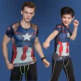 儿童运动紧身衣男女新超人美国队长健身速干短袖t恤训练服亲子装