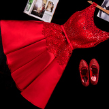 敬酒服2016新款冬季短款新娘红色结婚礼服双肩修身时尚晚礼服女春