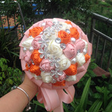 韩式新娘手捧花球绸缎丝带珍珠水钻创意结婚花球摄影道具多色花束