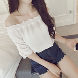 夏季女式韩版甜美宽松一字肩上衣女短袖t恤露肩一字领套头雪纺衫