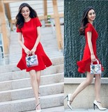 秋冬新款明星同款韩版红色连衣裙大红打底红裙子长袖婚宴回门礼服
