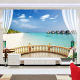 客厅背景 3d立体窗外自然海边风景 蓝天白云壁纸墙纸壁画
