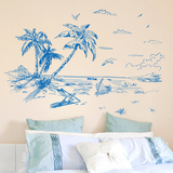 欧式地中海蓝色海洋风格沙发背景墙面装饰自粘墙贴纸贴画素描椰树