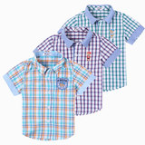 韩国版短袖衬衣时尚格子小熊男童装夏款英伦纯棉儿童蓝色半袖衬衫