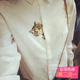 2016春季新款 小猫咪刺绣文艺休闲修身纯棉长袖白衬衫衬衣女潮