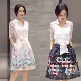 2016夏装新款连衣裙短袖韩版朵以中裙子夏季修身收腰中长款女装潮
