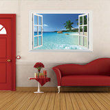 蓝天沙滩3d立体假窗户海景墙贴画客厅卧室布置温馨可移除贴纸墙贴