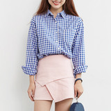 韩国代购2016秋装韩版长袖蓝白格子衬衫学院风上衣宽松打底衬衣女