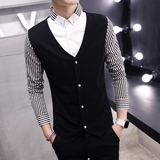 衬衫男长袖修身型男士假两件衬衣青少年寸衫韩版发型师弹力打底衫