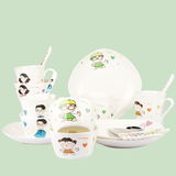骨瓷韩式碗碟套装个性创意方形碗盘筷勺可爱卡通餐具家用4人包邮