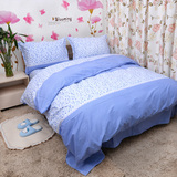 包邮蓝色方格清新小花时尚床单纯棉床笠枕套被单被套单件三四件套