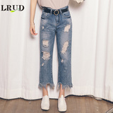 LRUD2016夏季新款韩版高腰漆点破洞牛仔裤女流苏毛边直筒九分裤