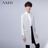 Amii[极简主义]2016春新竖条纹显瘦口袋无袖女外套开衩中长款马夹