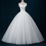 婚纱2016新款一字肩v领新娘韩式齐地修身结婚礼服蕾丝公主蓬蓬裙