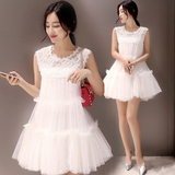 夏款韩版白色无袖蕾丝连衣裙中长款女装甜美小清新纱网拼接蛋糕裙