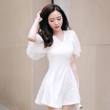 韩国正品代购女装夏新款韩版拼接蕾丝荷叶短袖收腰A字超短连衣裙