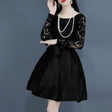 DM2016韩版新款蕾丝拼接篷篷裙 修身显瘦黑色系带高腰礼服连衣裙