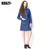 Krazy2016春装 纯棉 立马拉伸比例 收腰纽扣长袖修身牛仔连衣裙