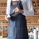 韩版时尚牛仔围裙工作服绘画画西餐厅咖啡师真皮烫印定做LOGO包邮