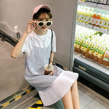 夏季女装韩版小清新宽松百褶假两件中长款短袖连衣裙学生显瘦中裙