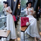 韩版2016春装性感夜店女装蕾丝长袖上衣+大裙摆高腰半身长裙套装