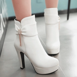 春秋季单靴白色时尚性感防水台超高跟短靴水钻粗跟圆头冬女鞋靴子