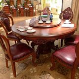 欧式实木园餐桌 美式小户型橡木带转盘饭桌 别墅1.8米餐桌椅组合