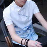 夏季男士短袖衬衫韩版修身青年休闲半袖衬衣学生时尚印花潮流男装
