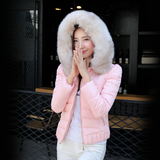 新款韩版2015冬季女短款修身大毛领带帽棉衣女装羽绒服外套