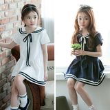 原创韩国童装2016夏装新款女童海军领短袖连衣裙学院风中大童裙子