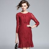 2016春装新款欧洲站女装修身重磅蕾丝喜庆红色连衣裙 包臀鱼尾裙
