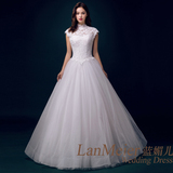 2016新款韩式婚纱礼服蕾丝领子包袖露背新娘结婚修身显瘦婚纱齐地