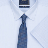 HANY汉尼男士夏新品商务修身短袖衬衫蓝色条纹纯棉DP免烫衬衫