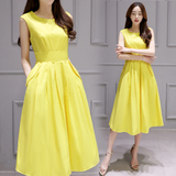 韩国东大门夏季新品圆领无袖纯色修身显瘦中长款A型大摆连衣裙女